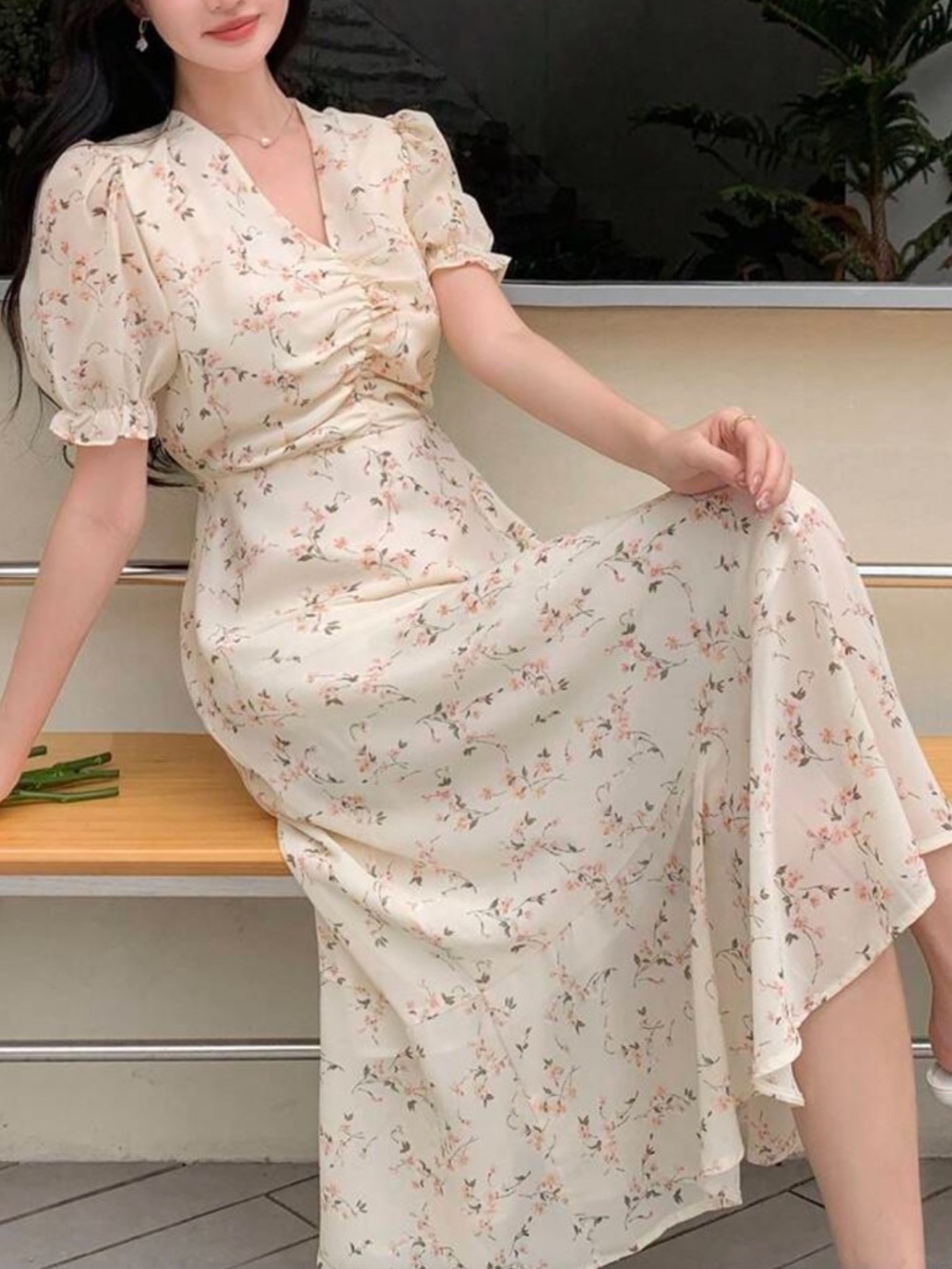 Apricot Floral Midi Dress with Puff Sleeves
